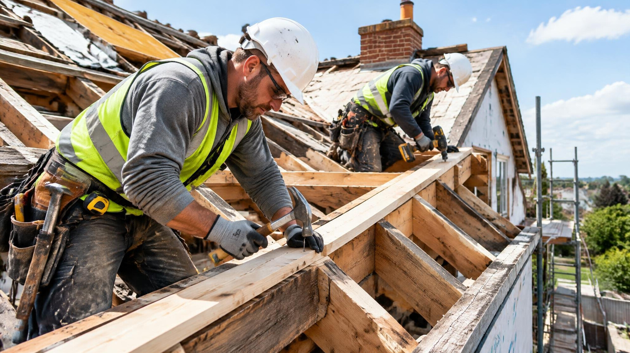 Construction workers repairing a building structure