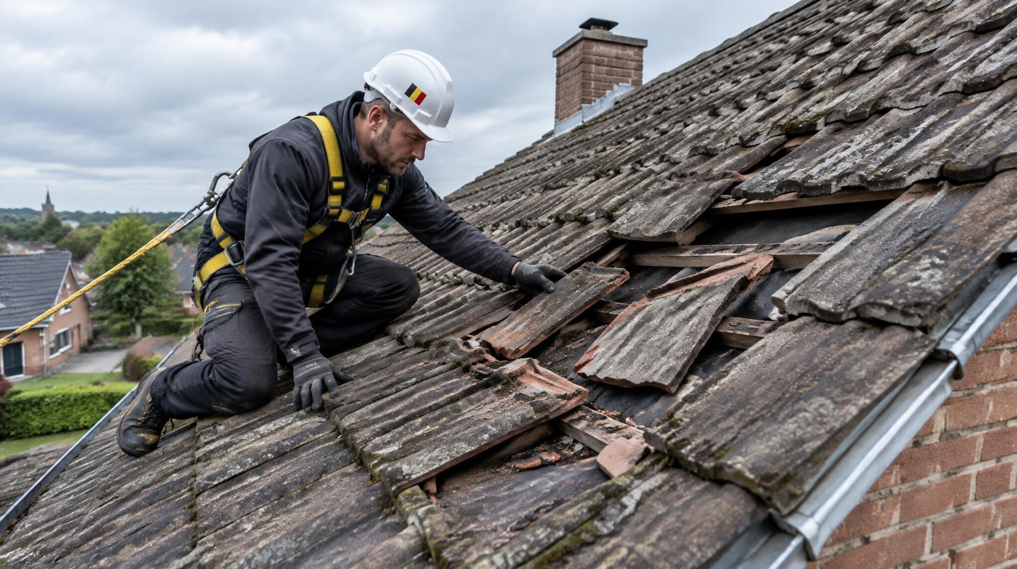 Roofer inspecting storm-damaged roof tiles on a Belgian house